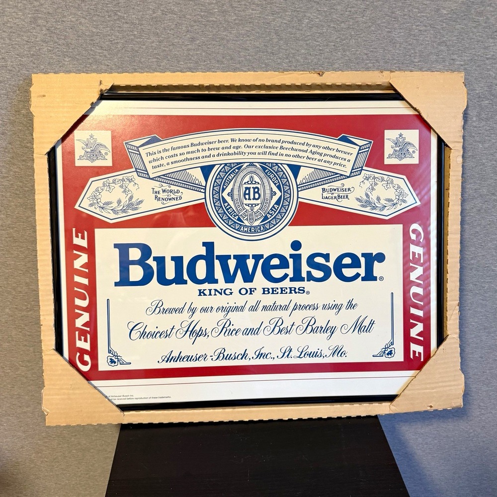 Vtg Budweiser King of Beers Glass Sign 20x16 Bar Man Cave Decor NOS Framed